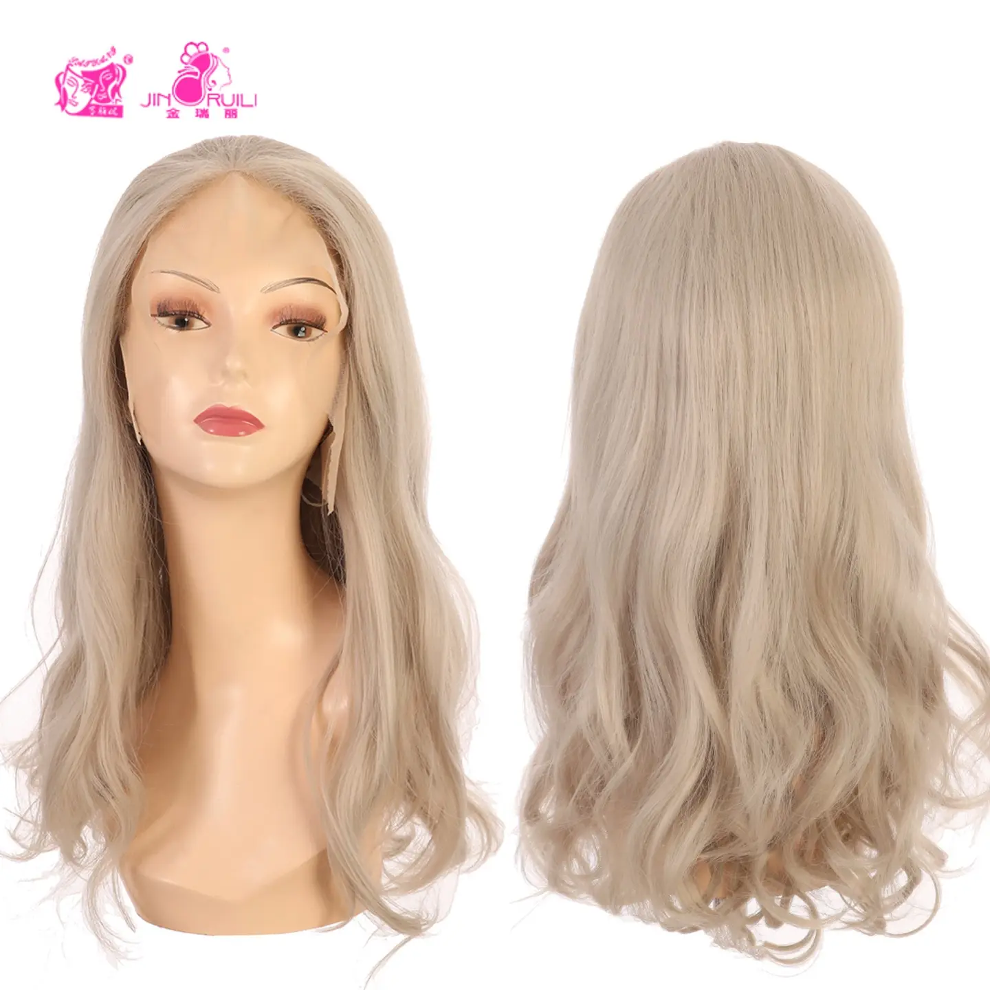 JINRUILI Top Quality Wholesale Synthetic Hair Light Grey Long Natural Wave Wig Grey Body Wave 13*4 Lace Front Wig For Woman