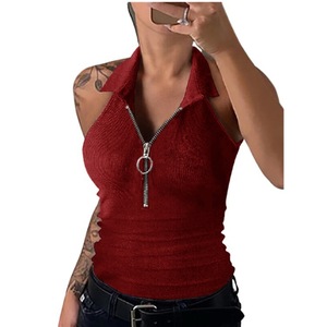 Private Label <b>Women</b> Ribbed Knit Tank <b>Top</b> <b>Zip</b> <b>Up</b> Spring Summer Casual <b>Top</b> Screen Printing Logo - Product Image 1