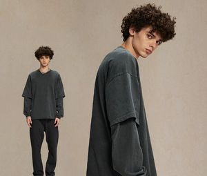 QD2163 T-shirt vintage surdimensionné en coton 100% de haute qualité pour homme, lavage à l'acide, streetwear, manches régulières, deux pièces, faux - Product Image 4