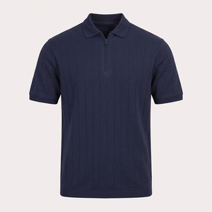 Men's Knitted Short Sleeve <b>Polo</b> <b>Shirt</b> Solid <b>Navy</b> <b>Blue</b> Zipper Casual Style Regular Fit - Product Image 1