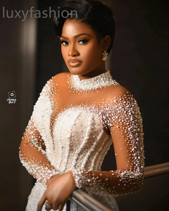 Robes de Mariée Sirène Blanches Aso Ebi 2024 Perles Perlées Luxueux Satin Manches Longues Robes de Mariée - Product Image 5