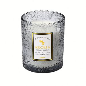 Bougie parfumée artisanale en cire de soja sans fumée, avec étiquette personnalisée, dans un verre gaufré en dentelle, pour la maison - Product Image 5