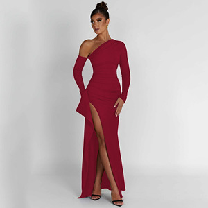 Robe de soirée asymétrique à manches longues, dos nu, fente haute, pour femme, robe de soirée longue et formelle - Product Image 1
