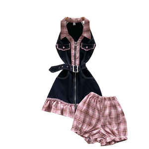 Conjunto de Verano para Mujer: Vestido Halter sin Mangas con Cremallera Frontal, Cinturón en la Cintura y Dobladillo con Volantes, con Pantalones Cortos a Cuadros - Product Image 5
