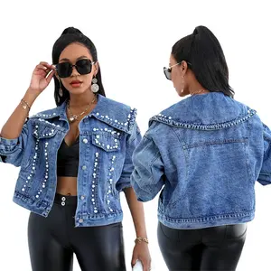 Autumn/winter pear beaded jean jacket long sleeve loose pearl beading clothing coat big lapel blue denim outdoor jackets beaded