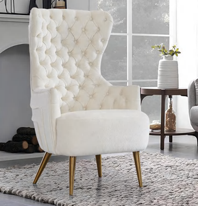 Chaises à dossier haut de style classique moderne avec capitonnage et surpiqûres, base en acier inoxydable doré, chaises à dossier haut en velours crème - Product Image 2