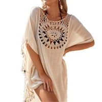 2026 Zomer Nieuwe Strandkleding Casual Handgebreide Chiffon Luipaardprint Discharge Geprint Strandjurkje Kleine Kwastjes Jurk