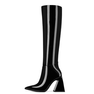 Mirror Patent Women Knee High <b>Boots</b> Black Shoes Pointed Toe Chunky Heel Unique Design Footwear Fashion Slim Riding - Product Image 1