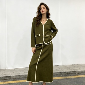 Set da donna in maglia misto lana in due pezzi Cardigan con scollo a V e gonna Midi completo elegante maglione <span class=keywords><strong>stile</strong></span> Tweed Casual <span class=keywords><strong>abbigliamento</strong></span> da donna - Product Image 3