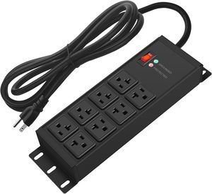 <span class=keywords><strong>Regleta</strong></span> de alimentación industrial metálica de alta resistencia negra 900J 1200J con protección contra sobretensiones, <span class=keywords><strong>20</strong></span> <span class=keywords><strong>amperios</strong></span>, 8 tomas, calibre 12, PDU de múltiples salidas para garaje - Product Image 1