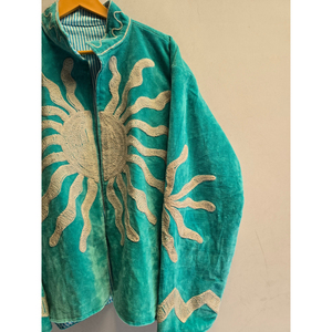 Veste zippée en velours bleu sarcelle pour femme, col mandarin, épaules tombantes, broderie soleil, manteau d'automne - Product Image 6