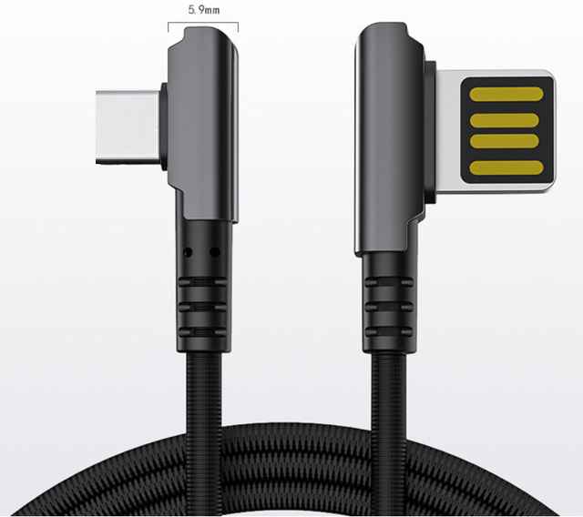 90 Degree Right Angle Zinc Alloy Dual Side Fast Charging USB to Type C Data Sync Charger Cable