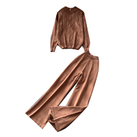 Ensembles tricotés 2 pièces pour femme automne-hiver : Haut à manches longues col montant semi-zippé et pantalon large décontracté