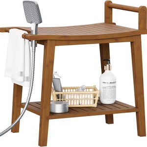 Tabouret de salle de bain en bois à double niveau avec rangement pour serviettes et étagère pour usage domestique - Product Image 1