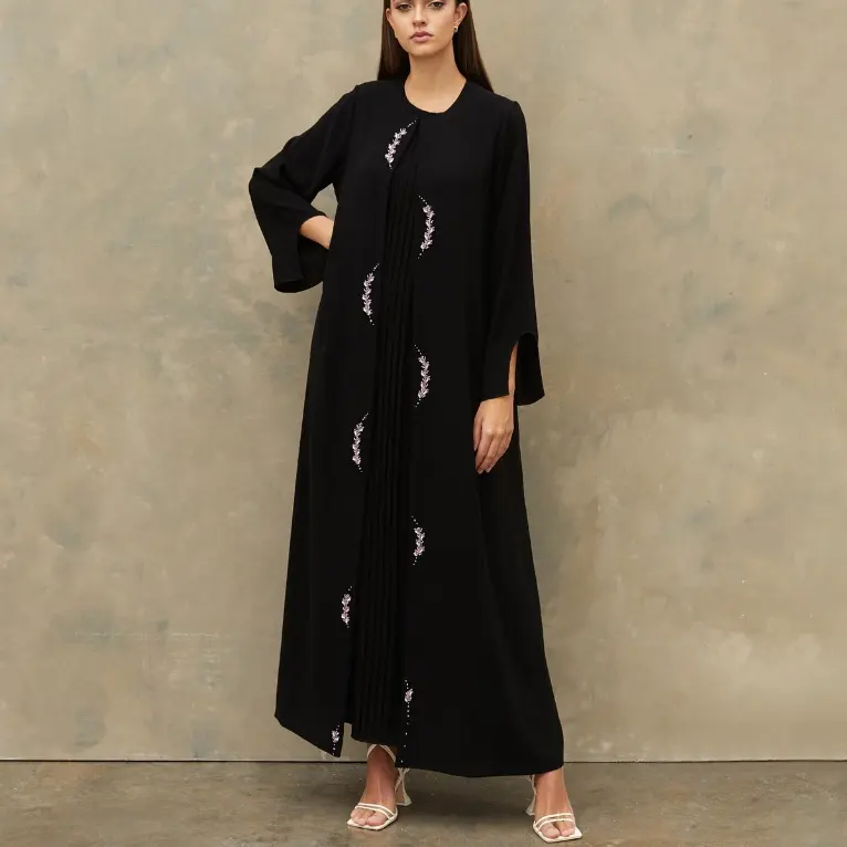 السيدات بسيطة عارضة الكريستال الترتر التطريز مسلم فستان طويل أسود عباية مفتوحة دبي أزياء المرأة طويلة الأكمام ملابس