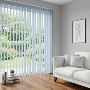Persianas verticales de tela de poliéster tejida en azul claro, persianas modernas de corte estrecho con filtro de luz, manuales, para puertas de patio - Product Image 1