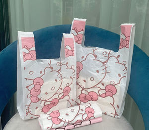 Cartoon <b>White</b> Kitty Plastic <b>Tote</b> <b>Bag</b> Reusable Takeout/Dessert Accessories Gift <b>Bags</b> with T-Shirt Shape Household Items Storage - Product Image 1