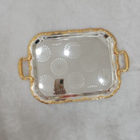 Plateau de Service Rond Doré de Luxe de 45 cm Fait à la Main Marocain, Plateaux à Thé et Café en Métal Argenté et Doré avec Poignées pour Vente en Gros