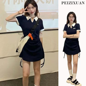 Women's Polo Collar Bodycon Dress Black Solid Color Contrast Neckline Tight Waist Short Skirt Summer Style - Product Image 5