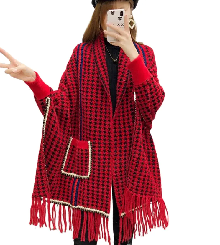Otono de alta calidad invierno imitation vison lana abrigo con mangas mujeres plaged chal borlas jersey de moda