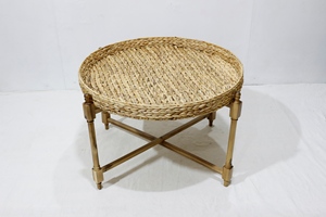 Mesa de centro duradera con patas de madera y 1 cesta de jacinto de agua, muebles de estilo rústico para decoración del hogar - Product Image 5