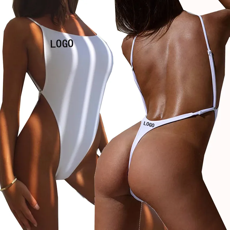 Baju renang Logo kustom pakaian renang wanita satu potong Thong Bikini mikro punggung terbuka leher V pakaian mandi Brasil potongan tinggi pakaian pantai