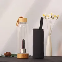 Bouteille d'eau en verre cristal de luxe 17 oz, anti-fuite, sans BPA, style européen, réutilisable, avec couvercle et manchon en bambou de qualité alimentaire, vente en gros