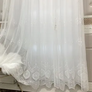 Hot sale Simple and modern style printing white sheer embroidered voile curtain for bedroom living room