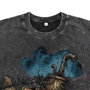 T-shirts pour hommes vintage à imprimé sous-marin, délavés à l'acide, style décontracté, avec lettres imprimées, coupe oversize, streetwear, manches courtes - Product Image 3