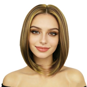 Pelucas sintéticas cortas lisas tipo bob, fibra resistente al calor, reflejos <span class=keywords><strong>rubio</strong></span> miel, raya al medio, sin flequillo, puntas ajustables, resistentes al calor. - Product Image 1