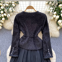 Ensemble élégant pour femmes, 2 pièces, veste en tweed à manches longues et jupe longue plissée en dentelle, noir uni, tenue décontractée