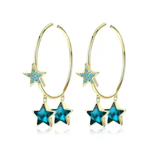 BAGREER SCE689 Statement 925 Silver Gold Blue Crystal Tassel Star Stud Earrings Dangle Women Girls Ear Clip Cuff Hoop Earring