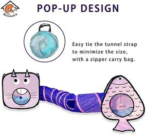 屋内キューブテントおもちゃコンボ用ZYZPET猫トンネル、子犬付きクリンクルペーパー折りたたみ式インタラクティブペット (3 in 1セット) 、青 - Product Image 6