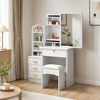 Ensemble Coiffeuse et Chaise de Maquillage Moderne à LED pour Chambre, Miroir Réglable en Luminosité, 3 Couleurs au Choix, 4 Tiroirs, en MDF Blanc