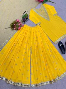 Designer Plazo Set Faux Georgette Avec Broderie Lourde Et Travail De Séquence Avec Manches Complètes Flair 3 Mètres Lourd Micro Coton - Product Image 4