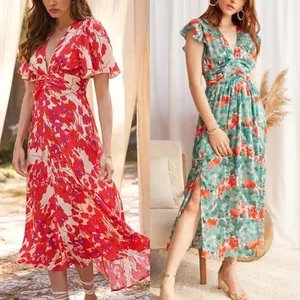 Manufacturer Wholesale 2022 ladies couture casual elegant folds tiered cotton lace embroidery boho floral print long maxi dress