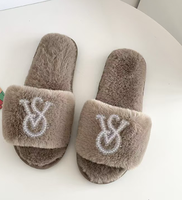 Chaussons fourrés à bout ouvert pour femmes, avec strass scintillants, chauds et doux, en peluche, pour l'intérieur