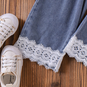 Completo Estivo 2026 per <span class=keywords><strong>Bambina</strong></span> Stile Europeo Americano in Cotone con Pizzo, Blusa a Maniche a Volant con Fiocco e Pantaloni Morbidi con Patch - Product Image 6