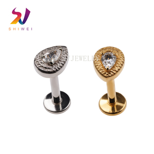 Zarif Hristiyan Altın Gözyaşı Şeklinde Düz Sırtlı Labret Çivisi İmplant Kalitesinde Titanyum PVD Altın CZ Taşlı İçten Dişli Vücut Takısı - Product Image 1