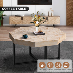 Wood Octagonal Coffee <b>Table</b> 30 Inch Patchwork Top Cross Metal <b>Legs</b> Farmhouse Style Living Room <b>Table</b> - Product Image 5