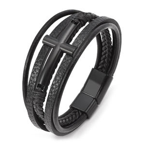 Pulsera trenzada multicapa de cuero negro marrón POYA para hombre con hebilla magnética cruzada de acero inoxidable envoltura de moda - Product Image 2