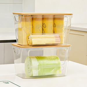 Porte-sacs poubelle en plastique transparent avec couvercle en bambou, bac à linge empilable, conteneur de rangement sous l'évier - Product Image 1