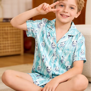 Pyjama court en satin pour garçon avec imprimé pandas, ensemble personnalisé pour enfants, manches courtes, boutons, ensemble de vêtements - Product Image 1