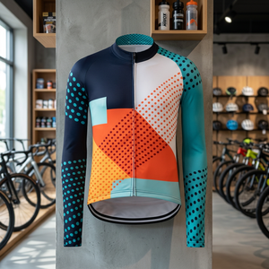 Long Sleeve <b>Cycling</b> <b>Jersey</b> With Geometric Pattern In Navy Teal Orange And <b>White</b> For Men And Women - Product Image 3