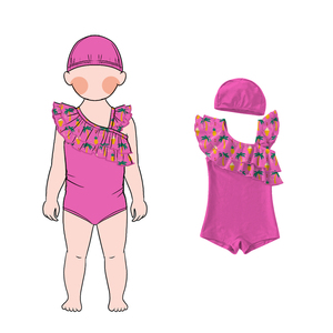 Summer New Girls One-Piece Swimwear Floral Beach DesignBabies Bikini Girls One Shoulder Ruffle <strong>Swimsuit</strong> with Cap - Product Image 5