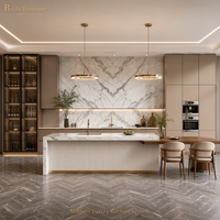 Îlot de cuisine moderne populaire en acier inoxydable et panneau mélaminé avec comptoir en marbre et robinet pour villa – Australie