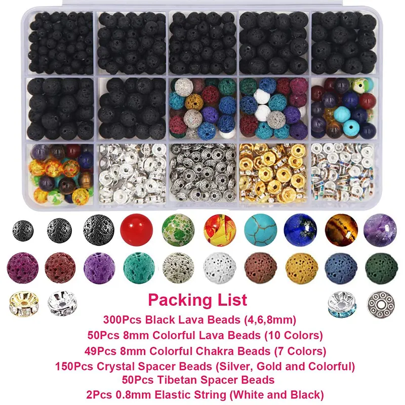 Chakra Beads Spacer Beads Kit Color Lava Rock Beads Stone with Volcanic Gemstone Crystal String Jewelry Making Chains Metal
