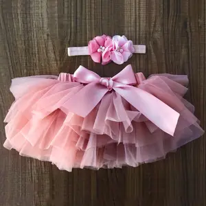 Baby girl tutu skirt 2 piece tulle lace bloomers diaper cover Newborn infant outfits headband flower set Baby mesh bloomer