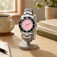 Montre de plongée mécanique à cadran rose, lumineuse, analogique, avec verre saphir, lunette en céramique, bracelet en acier inoxydable, 10 bars