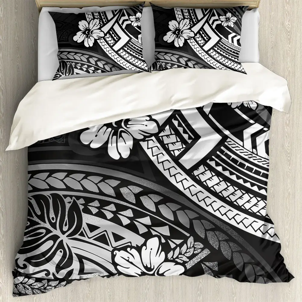 Hawaii Polynesian Tapa Bộ Lạc Hibiscus Monstera Đen/Xám Pattern Quilt Bedding Set Bedsheet Màu Sắc <span class=keywords><strong>Đồng</strong></span> <span class=keywords><strong>Bằng</strong></span> Duvet Cover Set